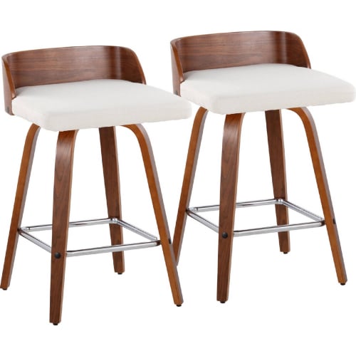 Maya 26" Swivel Counter Stool in Walnut Wood & Cream Fabric w/ Chrome Footrest (Set of 2)